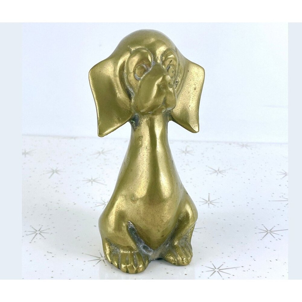 Vintage 80s dog figurine, Hound Puppy, Beagle, Basset, Dachshund, solid brass